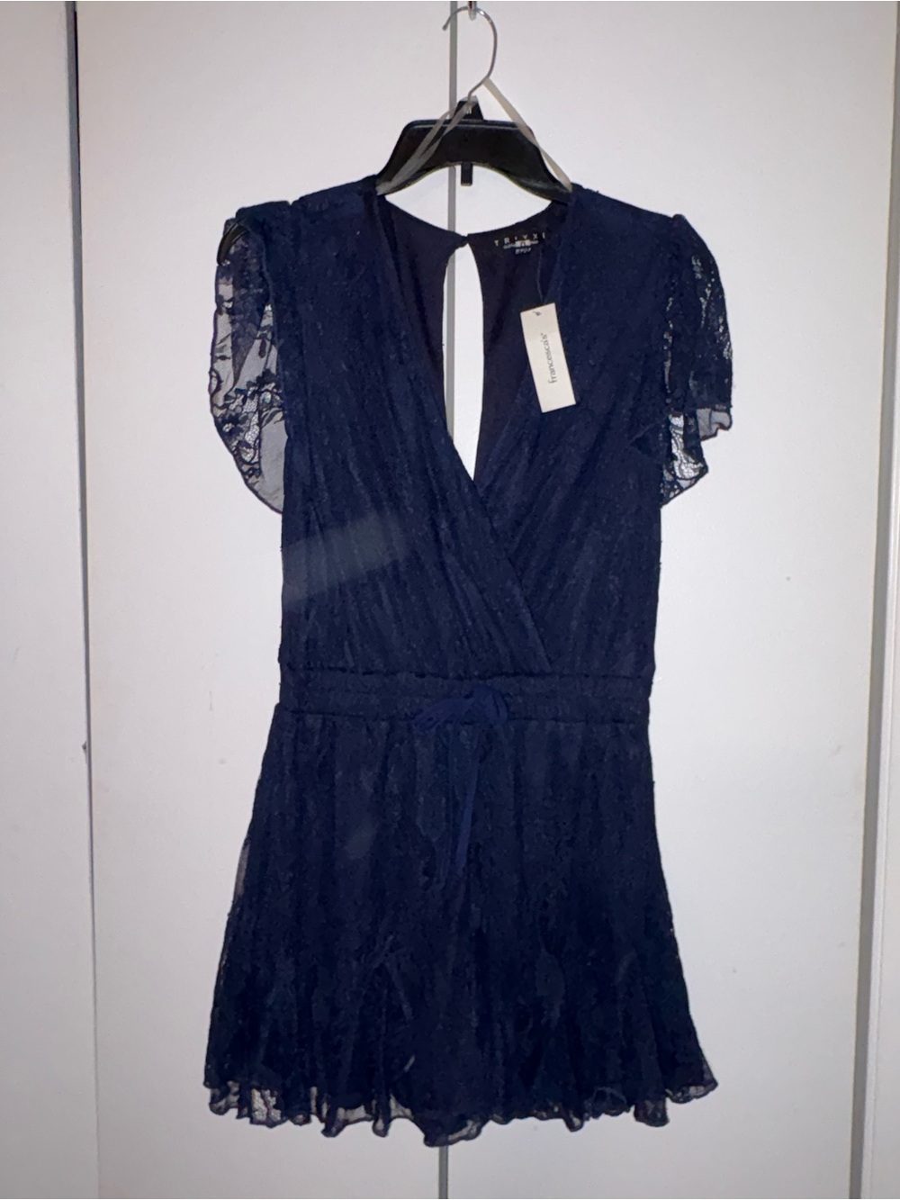 Navy Lace Wrap-Style Short romper